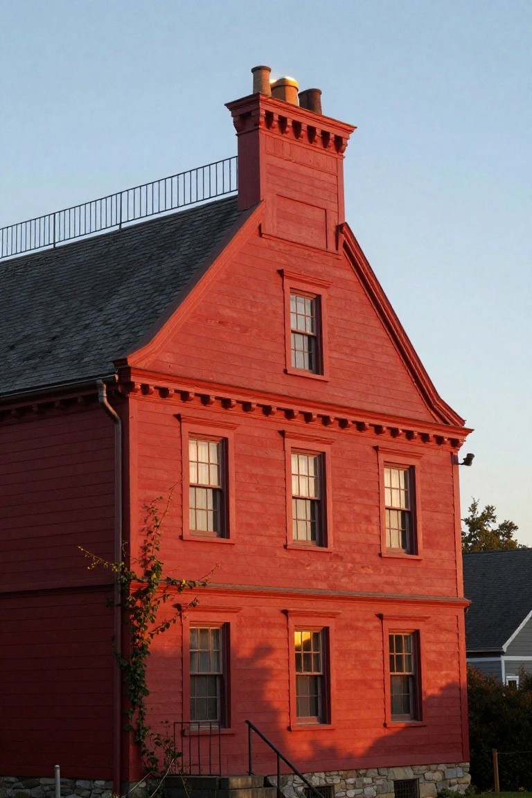A red clapboard colonial house with a steep gabled roof, two chimneys, multiple rectangular windows, and ivy climbing one side, set against a blue sky at dusk.