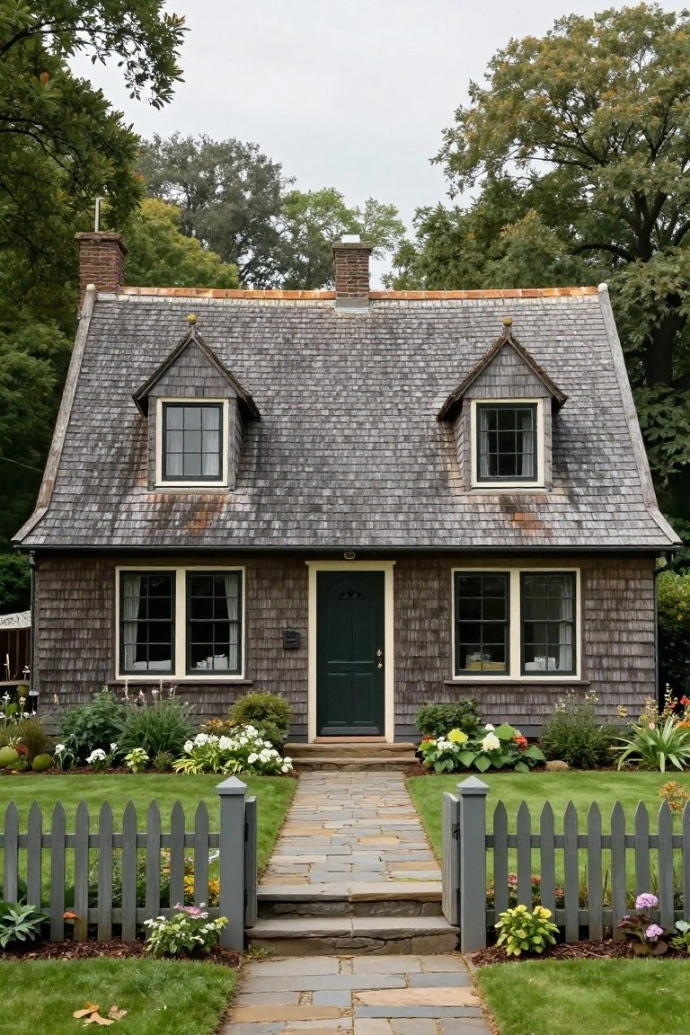 A shingle-clad Colonial-style house with steeply pitched gabled roof, dormer windows, double-hung windows, green front door, stone path, picket fence, and flower gardens in the yard.