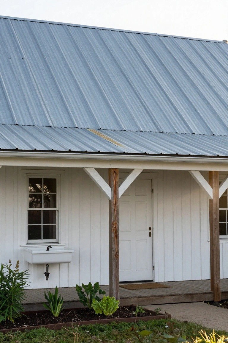 White clapboard house with blue corrugated metal gable roof, covered front porch supported by wooden posts, white door and window, exterior sink, and small garden bed with plants.
