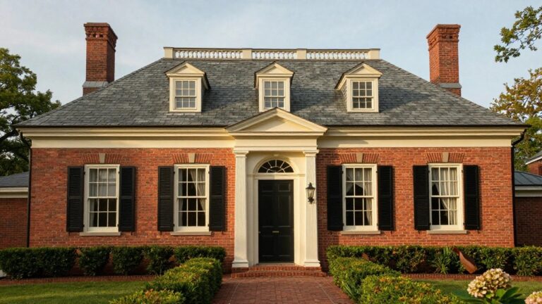 Two-story red brick colonial house with gray slate gable roof, two chimneys, black shutters on multi-pane windows, white portico with columns over black front door, brick walkway, and boxwood hedges.