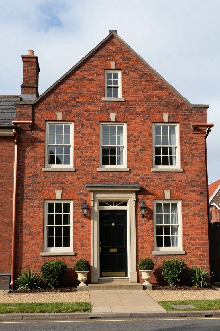 A two-story red brick house with a steep gable roof, central chimney, multi-pane sash windows, black front door, and low boxwood shrubs in front.