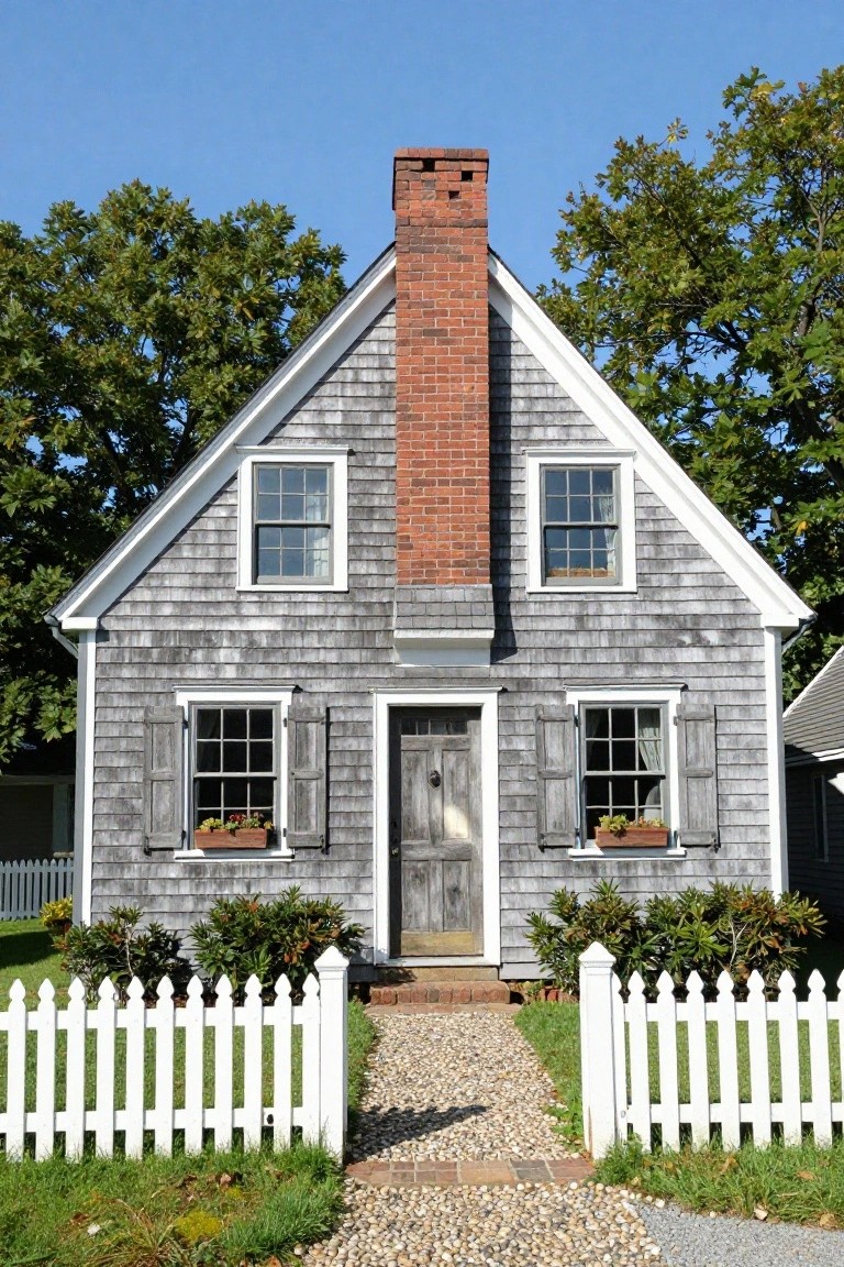 Gray shingled two-story Colonial house with gable roof, central red brick chimney, white trim around multipane windows and black front door with flower boxes, shrubs on sides, white picket fence, and gravel path, trees and blue sky in background.