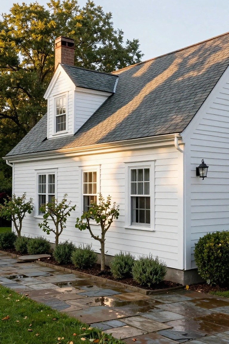 Side view of a white clapboard house with steeply pitched gray shingle gable roof, white dormer window, brick chimney, multiple double-hung windows, lantern light, young trees, shrubs, and wet stone pathway along the foundation.