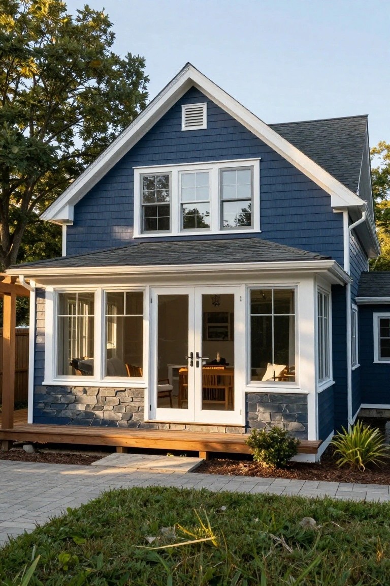 Navy blue shingle-sided house with dark shingled gable roof, white trim, upper windows in gable end, covered front porch with glass doors and sidelights, stone accents, wooden deck, and paved path with grass and plants.