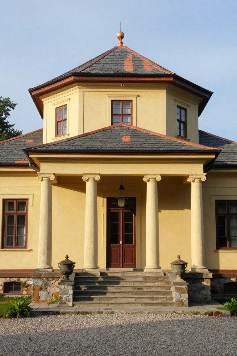 Pale yellow octagonal house with slate shingled hip roof and copper finial on top, Doric columns supporting a portico with double doors, stone urns beside steps, gravel driveway, and plants nearby.