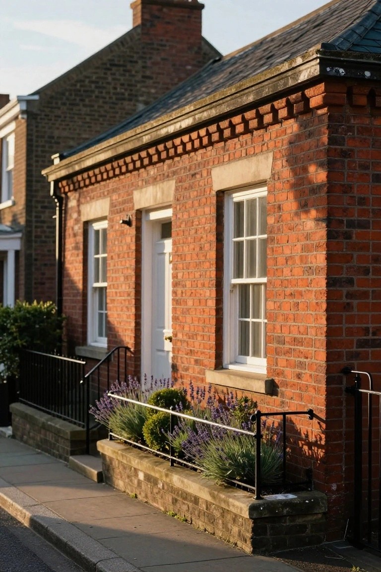 Red brick end-terrace house with dark slate pitched roof, white sash windows, white front door, black iron railing, and lavender plants in front bed on a paved street.