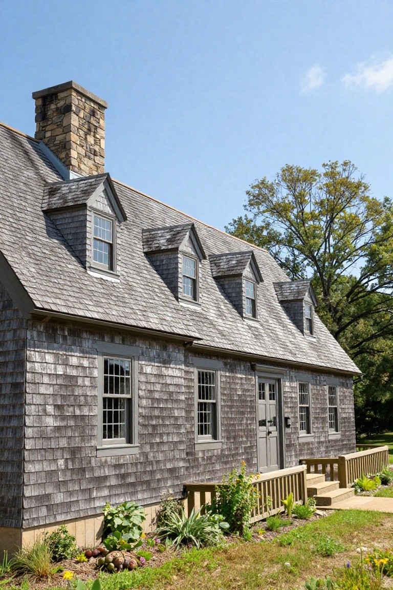 Gray shingle-clad colonial house with steeply pitched roof, multiple dormer windows, stone chimney, front door with small porch, and low plantings around the base under a blue sky.