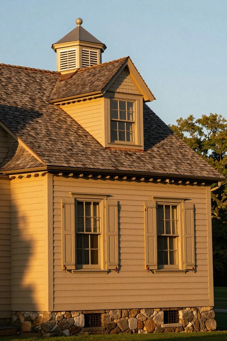 Side view of a yellow colonial house featuring a cedar shake roof with gabled dormer window, cupola with louvers, double-hung windows with shutters, and stone foundation on grass.