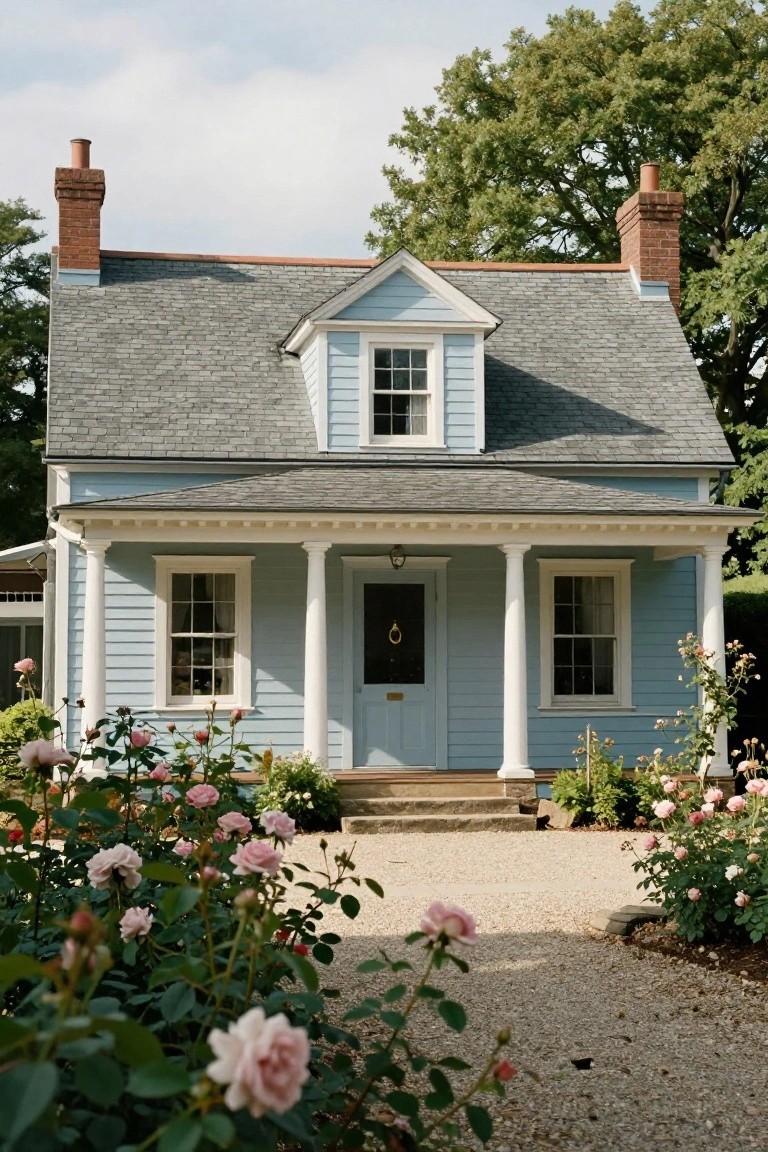 Light blue clapboard colonial house with gray slate gable roof, side dormer window, two brick chimneys, white-columned porch, and pink rose bushes along a gravel path.
