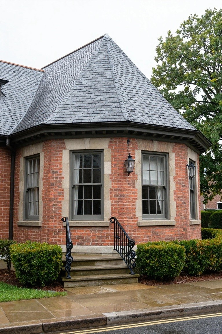 Brick house corner with octagonal turret topped by dark slate pyramidal roof, flanked by multi-pane sash windows, iron lanterns, curved steps with railing, boxwood shrubs, and wet pavement.