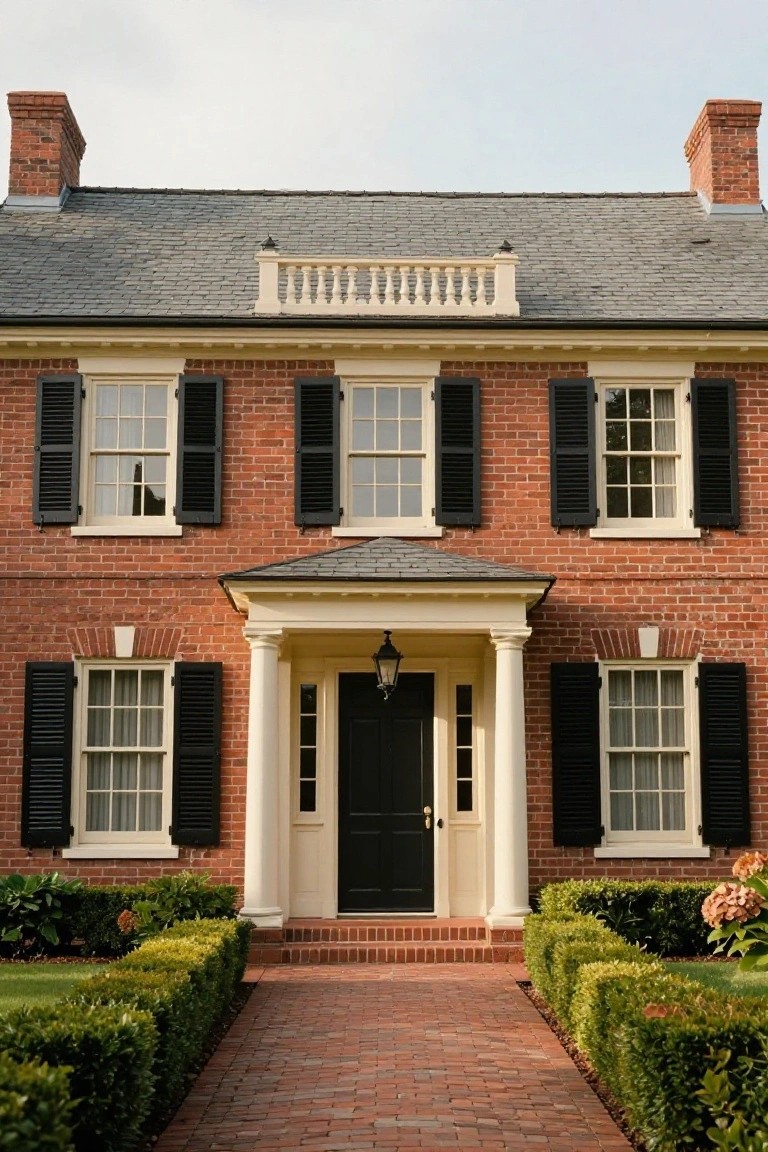 Two-story red brick colonial house with gray slate gable roof, two chimneys, black shutters on multi-pane windows, white portico with columns over black front door, brick walkway, and boxwood hedges.