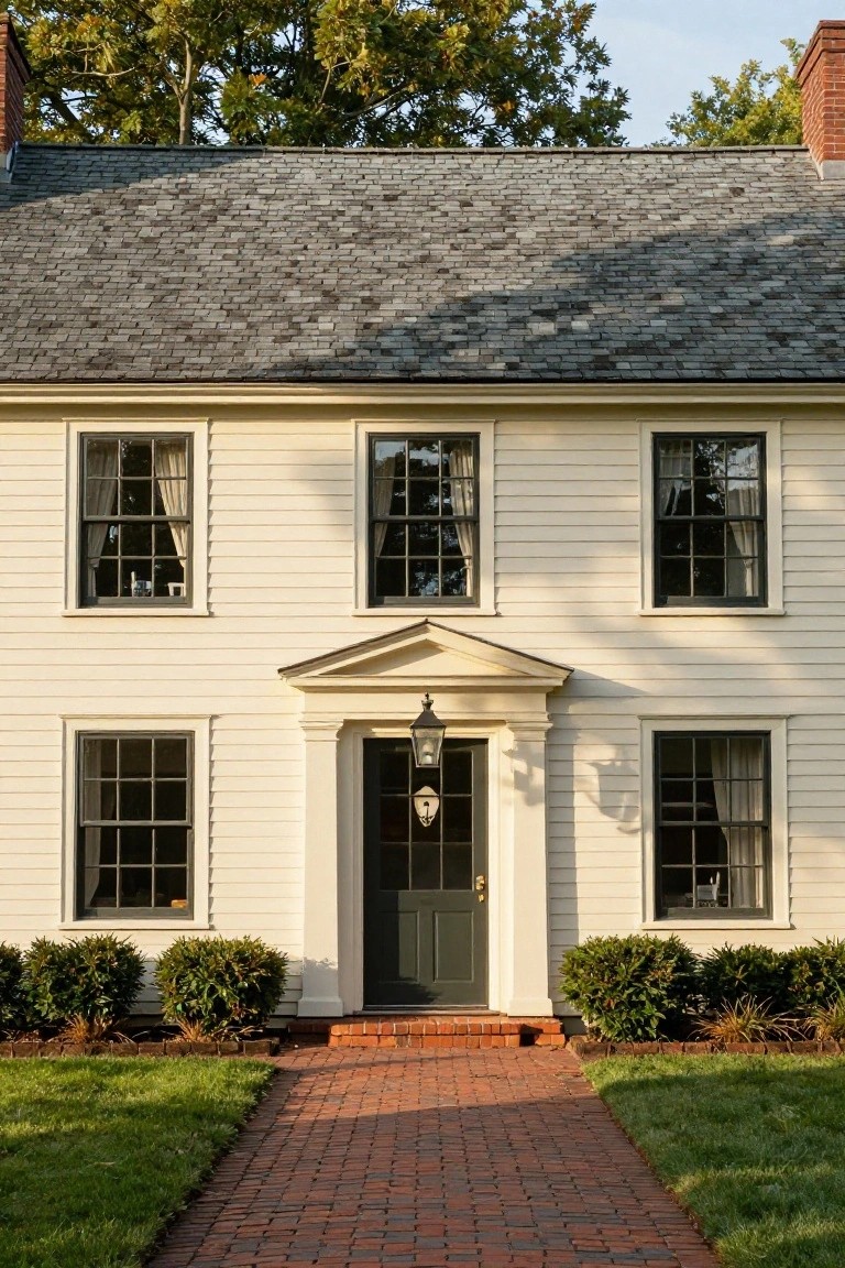 A two-story white clapboard colonial house with gray slate shingle roof, black-framed multipane windows, pedimented entry with green door and lantern, brick walkway, and boxwood shrubs on a lawn.