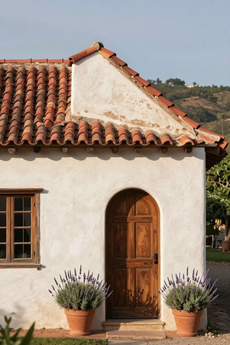 White stucco house corner with sloped red clay tile roof, arched wooden door, small window, and lavender plants in terracotta pots on a stone step.