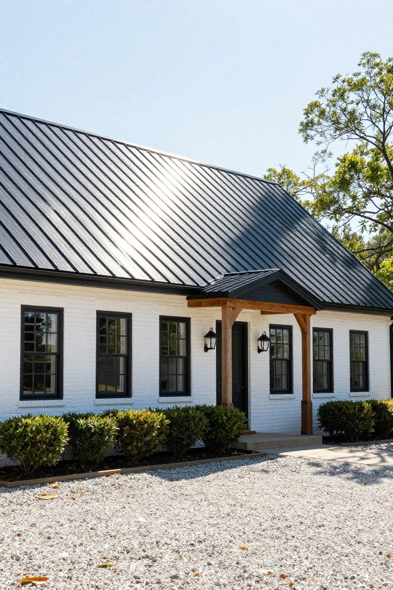 White brick colonial-style house with dark standing seam metal roof, black-framed windows, wooden porch entryway, boxwood shrubs along the base, and gravel driveway.