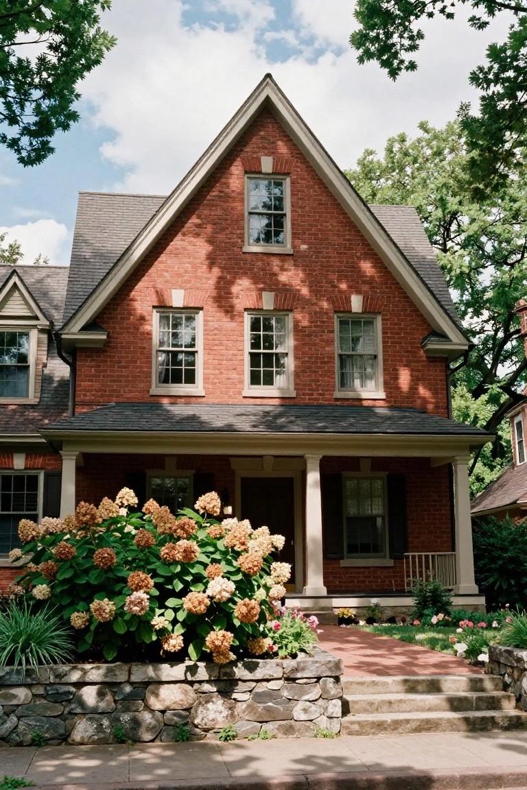 Red brick two-story Colonial house with steeply pitched front-facing gable roof, cross gables, slate shingles, covered front porch with columns, large hydrangea bushes at the base, stone retaining wall, brick steps, and surrounding trees under partly cloudy sky.
