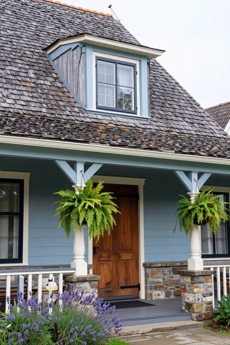 Front view of a two-story blue house with steep gabled shingle roof, dormer window, covered porch with hanging fern plants, wooden door, lavender bushes, and stone foundation.