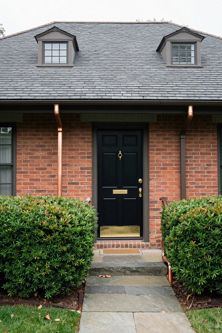 Front view of a two-story brick house with gray slate shingle roof featuring two symmetrical dormer windows, black front door with brass knocker and mail slot, copper downspouts, and boxwood shrubs on either side of slate steps.