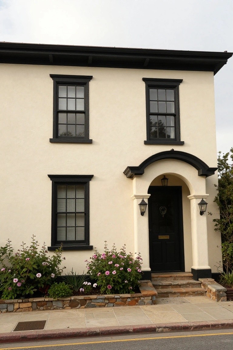 Cream-colored two-story house with black trim framing multiple double-hung windows, black front door under arched black entry porch with lanterns, low flower beds, and stone steps along a sidewalk.
