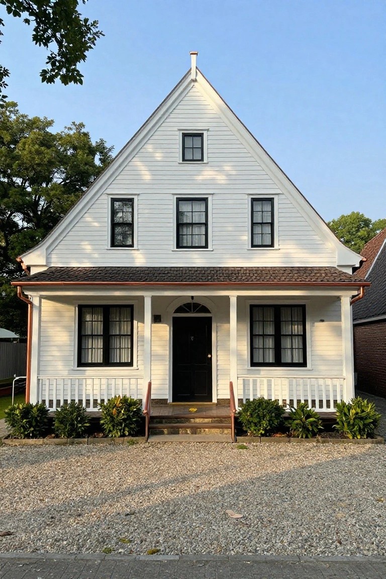 White clapboard house with steep gabled roof, black-framed windows, black front door, covered porch with white railing, copper gutters and downspouts, shrubs at the entrance, and gravel driveway.