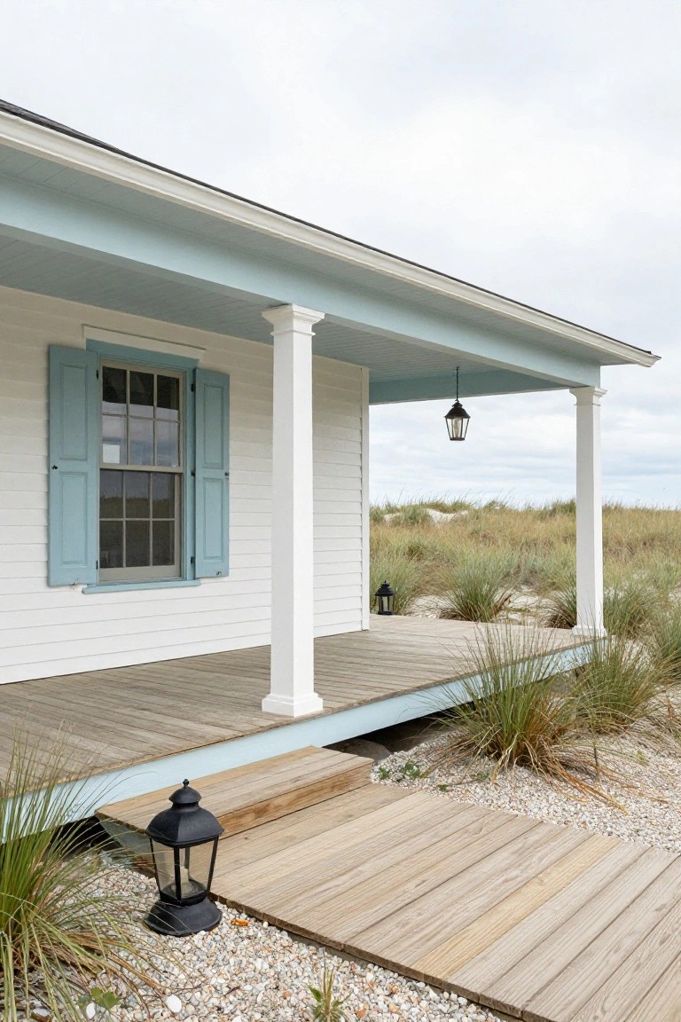 Side exterior of a white clapboard house with open blue shutters on a multi-pane window, light blue porch ceiling, white columns, hanging lantern, wooden porch deck, boardwalk path, sea grass, shells, and sand dunes.