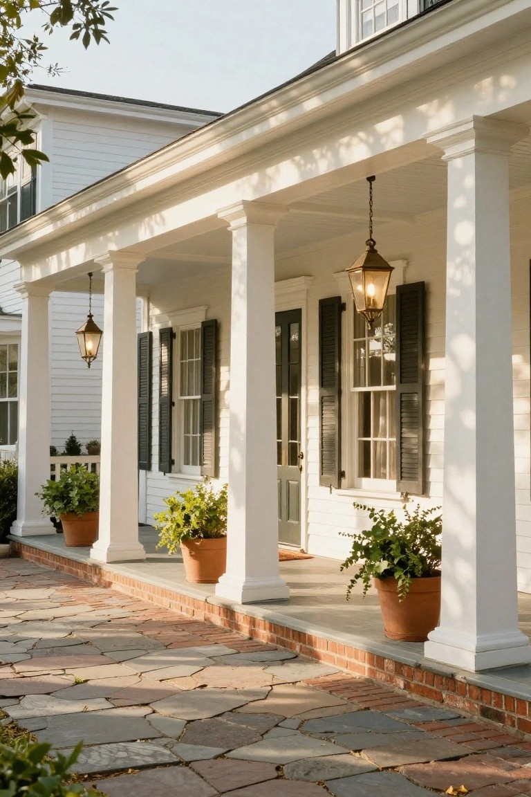 White colonial house with tall fluted porch columns, hanging brass lanterns, potted plants flanking the steps, and a stone pathway leading to the front door.