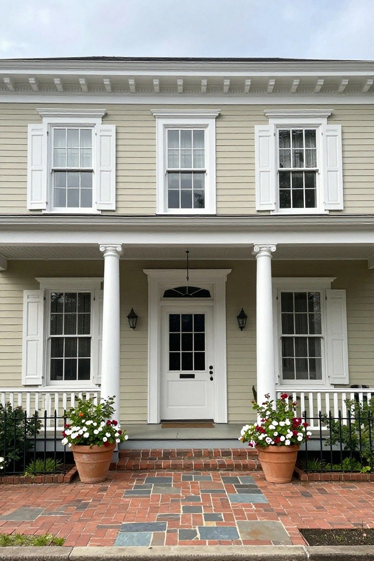Two-story beige clapboard house with white trim, shutters on multi-pane windows, fluted white porch columns, white front door, lanterns, and large terracotta pots with red and white flowers on brick steps.