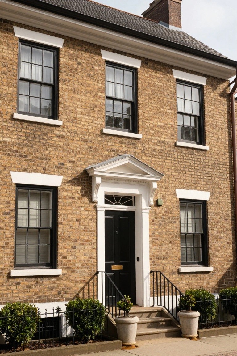 Three-story yellow brick townhouse with black sash windows, white trim on sills and cornices, white pediment over black front door, iron-railed steps flanked by potted boxwood shrubs.