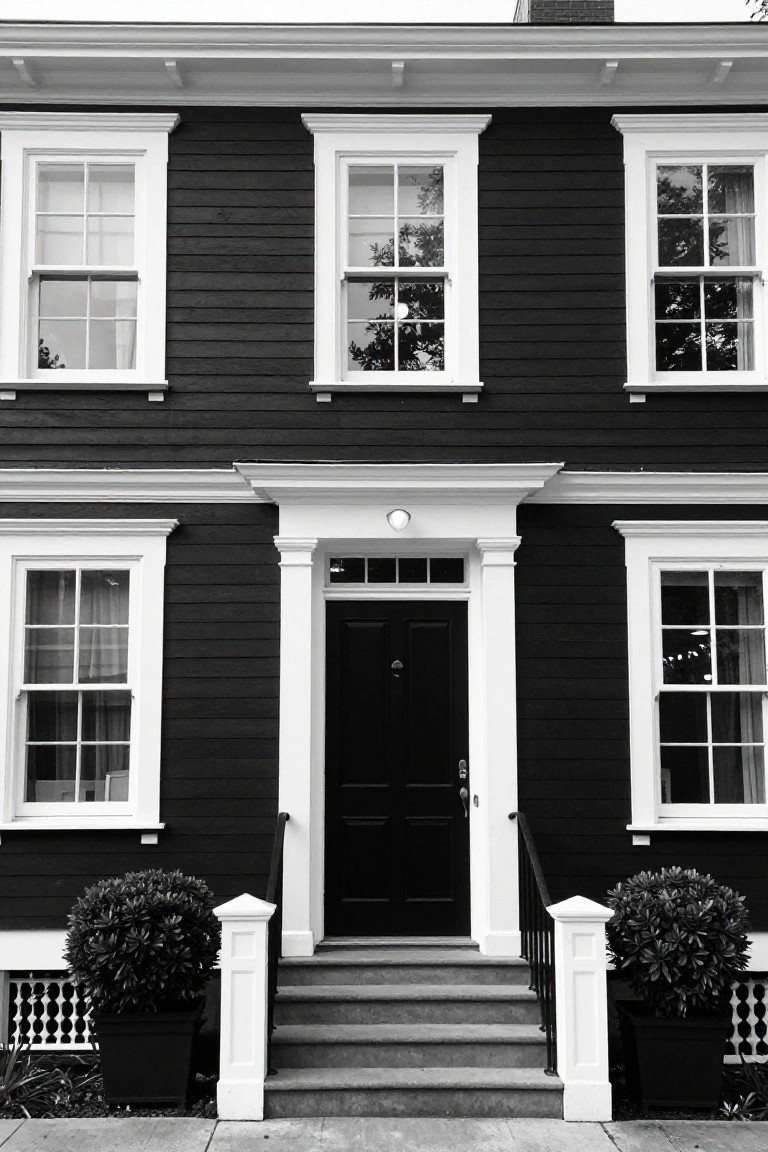 Black and white photo of a colonial house exterior with dark shingle siding, white trim framing multi-pane windows, a centered black front door under a white pediment and columns, flanked by stone steps and potted shrubs.