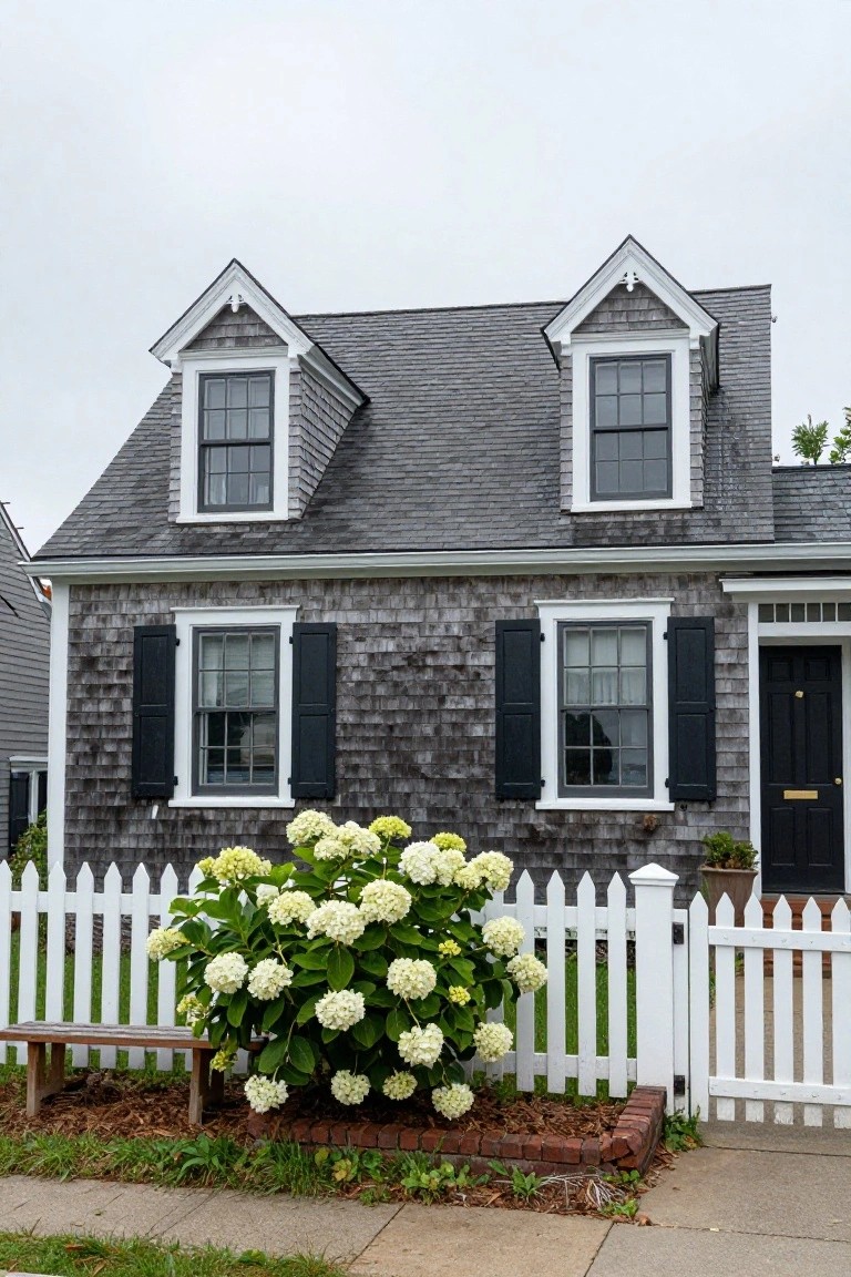 Gray shingled two-story house with white trim around windows and dormers, black shutters, black front door, white picket fence, large white hydrangea bush, wooden bench, and brick edging in front yard.