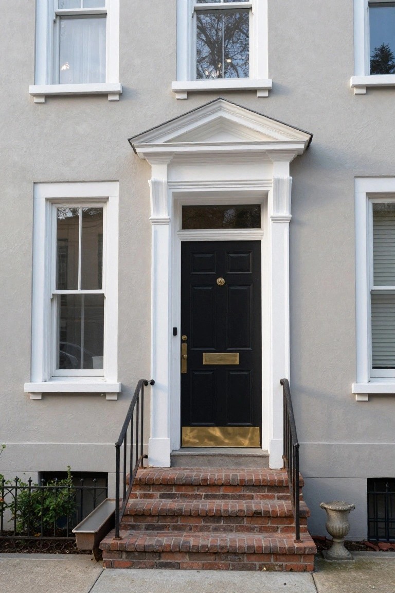 Gray clapboard townhouse with white trim framing multi-pane windows, white pediment and columns around a black front door with brass knocker and letter slot, black wrought-iron railing on brick steps, and urn planter nearby.