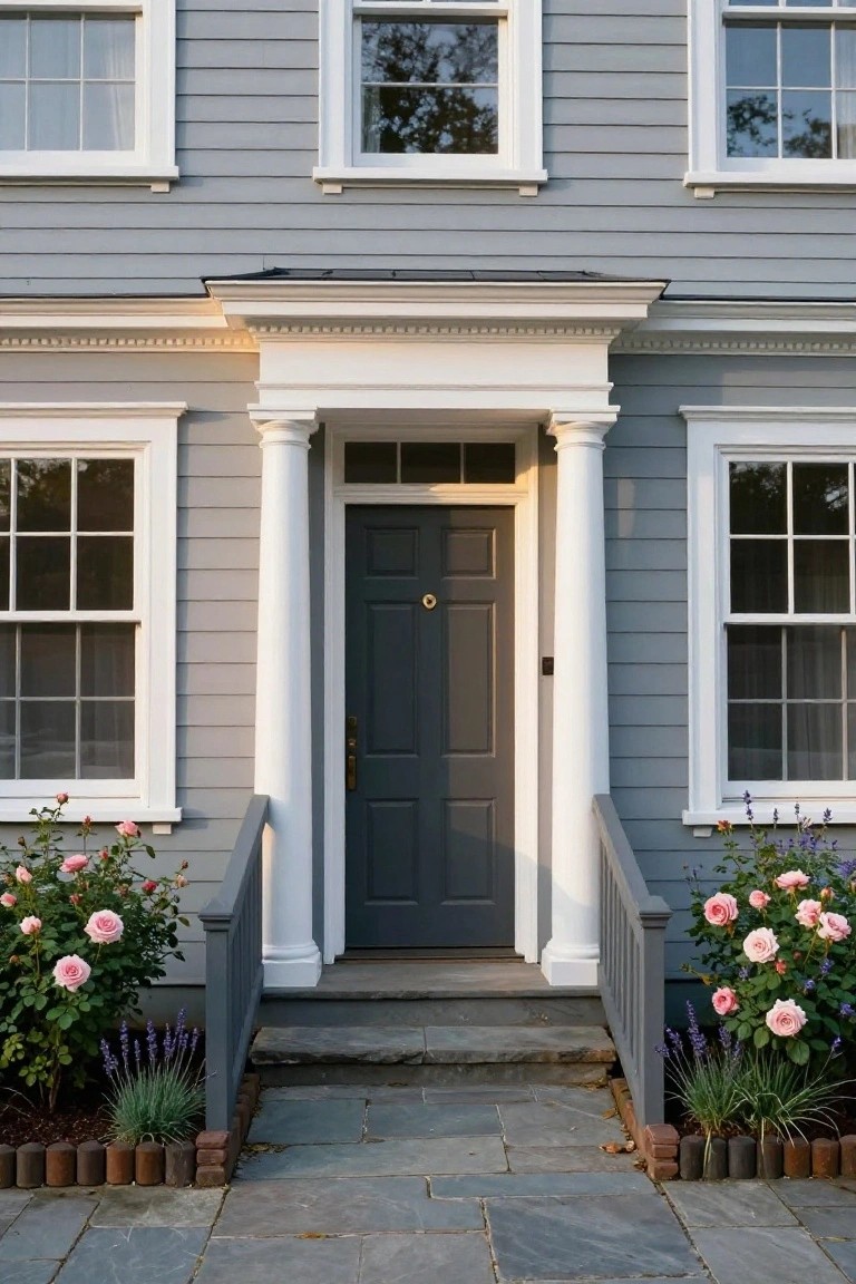 Gray shingled two-story house facade with white window frames, centered dark wood door under white pediment and columns on small porch, pink rose bushes in beds on sides, slate steps, and white railing.