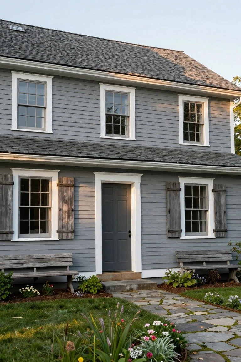 Two-story gray clapboard colonial house with white window and door trim, distressed wood shutters and benches, dark front door, flower beds, and flagstone entry path.