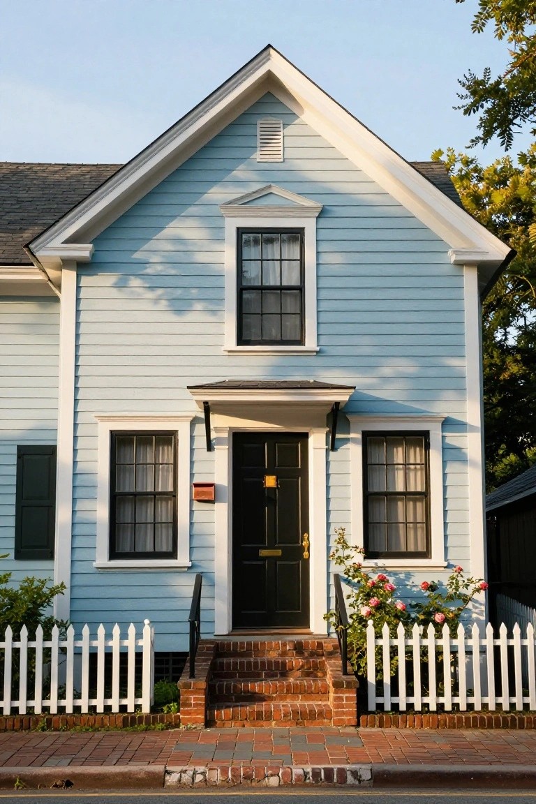 Light blue two-story clapboard house with white trim, black front door, brick entry steps, white picket fence, and rose bushes along the side.