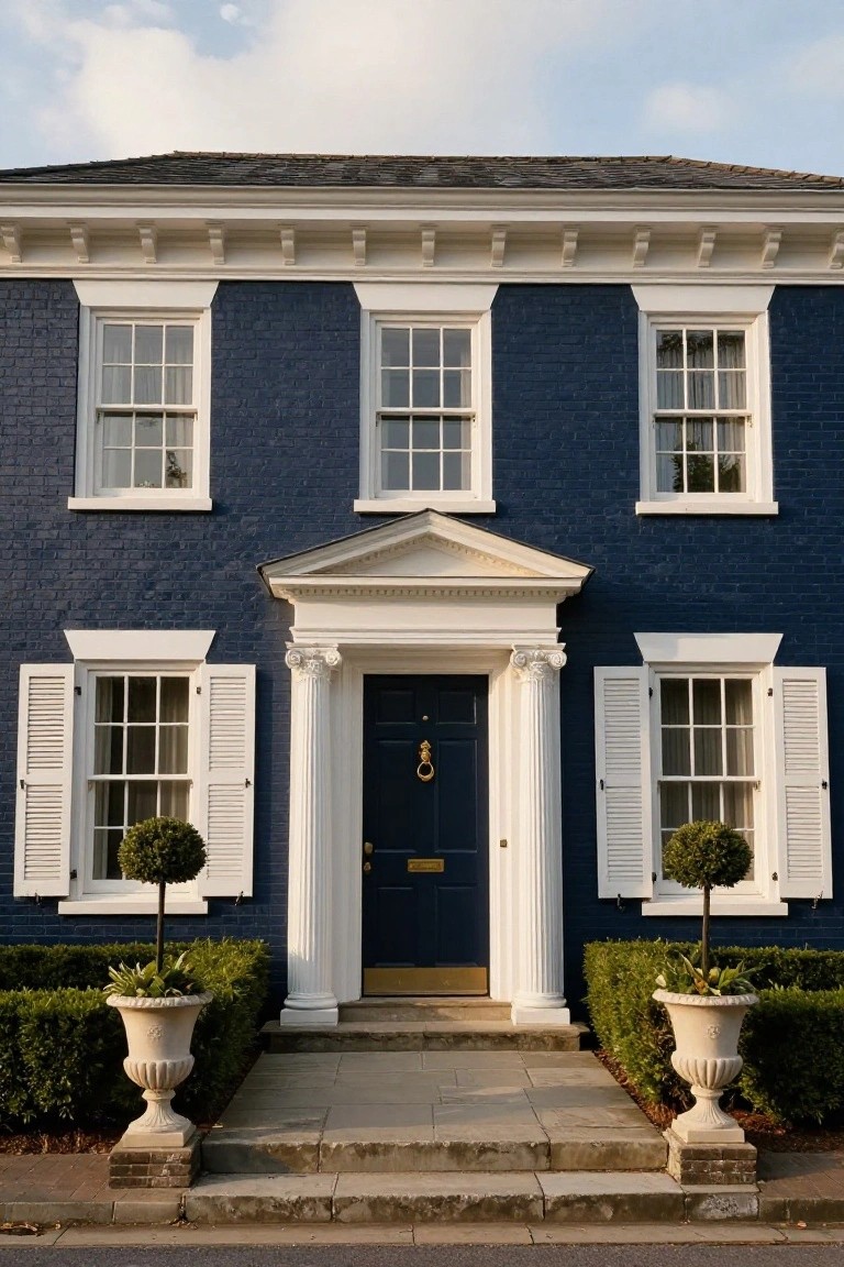 Two-story colonial house painted navy blue brick with white window frames, shutters, classical pedimented portico supported by columns, dark green front door with brass knocker, stone steps, and large urns with boxwood topiaries on either side.