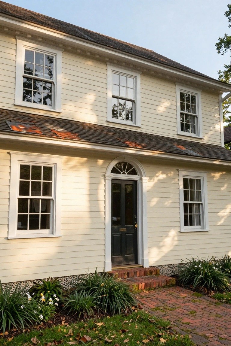 A two-story colonial-style house with cream clapboard siding, white trim around multi-pane windows and doors, black front door with fanlight window above, brick entry steps, and low shrubs at the base.