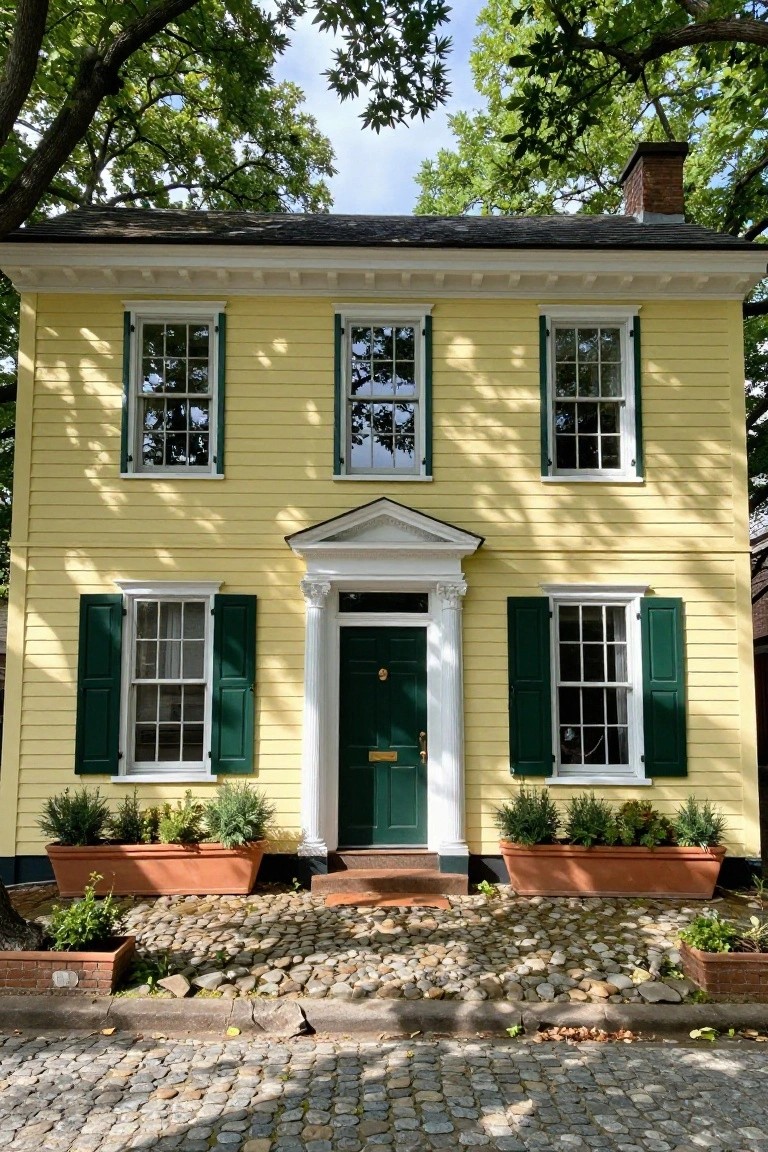 Two-story yellow clapboard colonial house with green shutters, white trim around windows and columned entry with green door, potted plants on either side, on cobblestone path under oak trees.