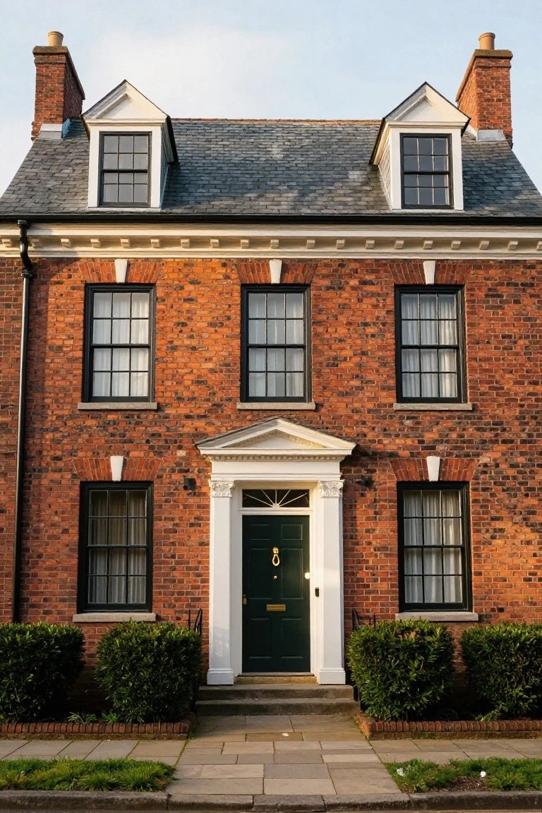 A three-story red brick house with white window surrounds, a pedimented white entry portico, green front door, and boxwood shrubs on either side of the steps.