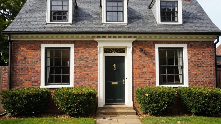 A three-story red brick house with white window surrounds, a pedimented white entry portico, green front door, and boxwood shrubs on either side of the steps.