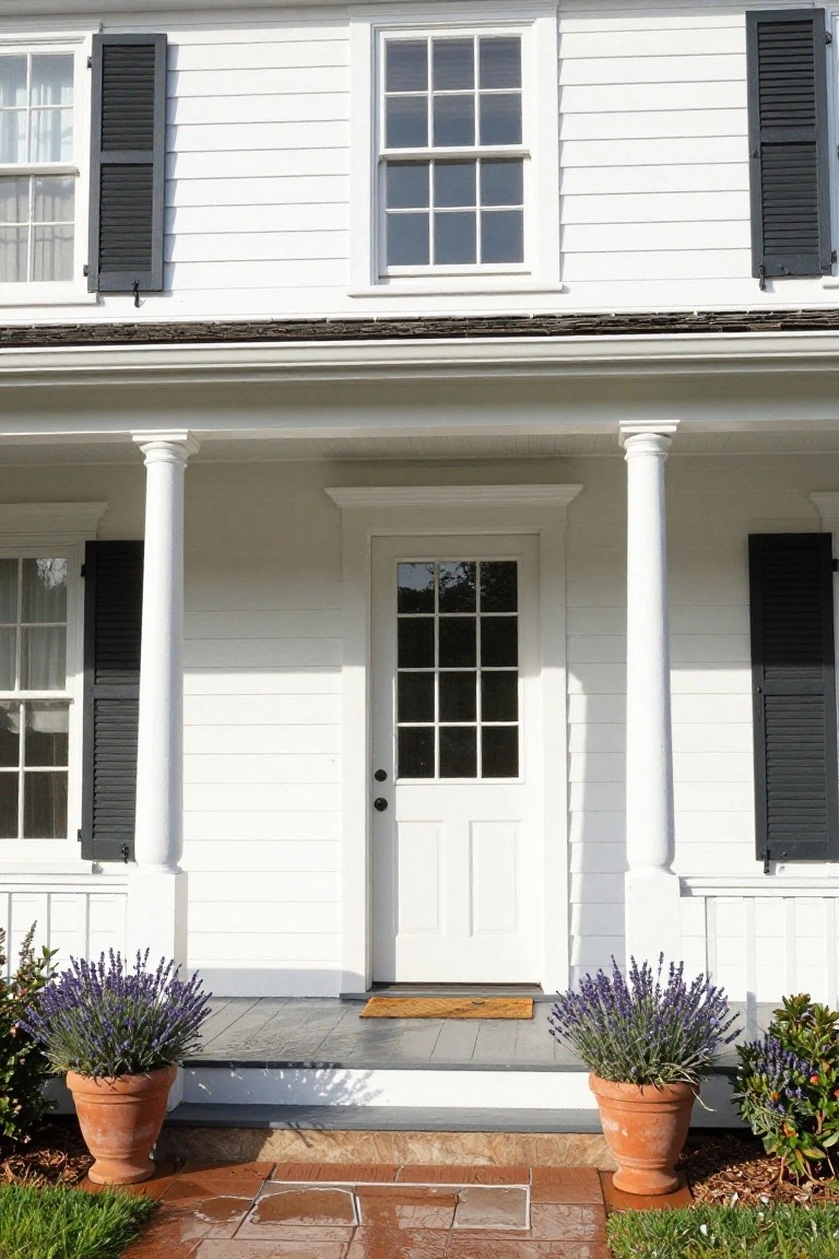 White colonial-style house exterior with black shutters on multi-pane windows, fluted white porch columns supporting the roof, a white paneled front door with nine glass panes, and terracotta pots of lavender plants flanking the brick steps.