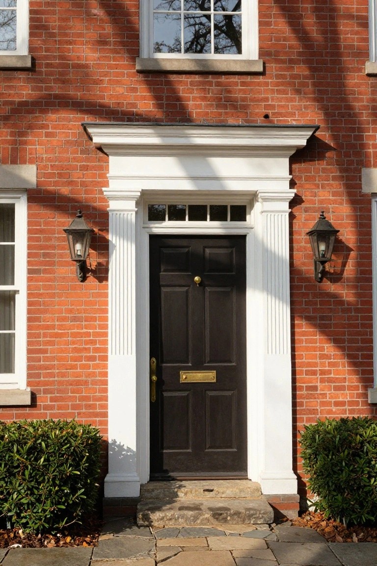 Red brick house exterior with black panel door centered under white pediment and flanked by fluted columns, lanterns on each side, and boxwood shrubs at the base.
