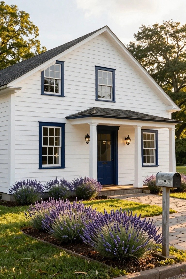 A white two-story colonial house with navy blue trim on windows and door, a covered front porch with columns and lanterns, lavender bushes in curved beds, and a stone path leading to the entry.