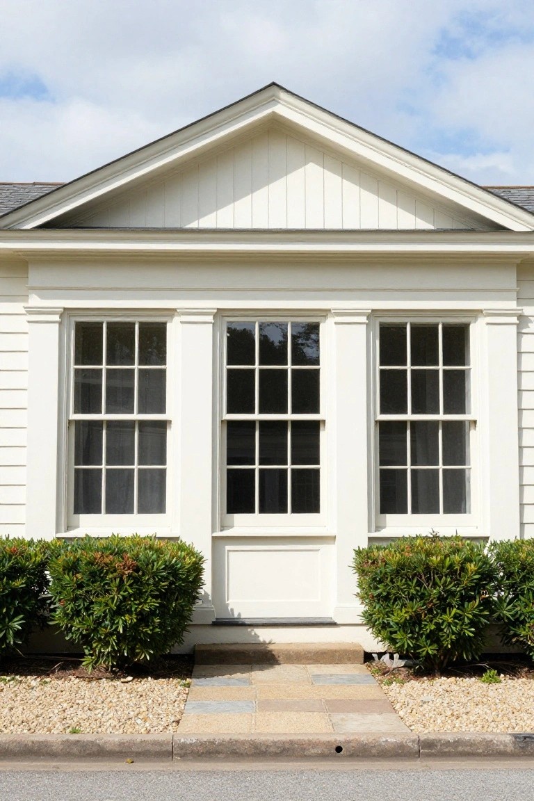 White clapboard house facade with gabled pediment, three tall sash windows flanked by fluted pilasters, centered white door, boxwood shrubs on sides, gravel mulch beds, stone entry path, and street curb.