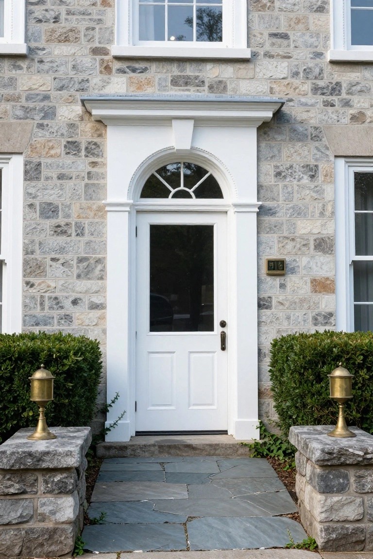 Gray stone colonial house facade with white paneled front door under arched transom window, brass address plaque on wall, flanked by boxwood shrubs and brass lanterns on stone pedestals beside slate stone path.
