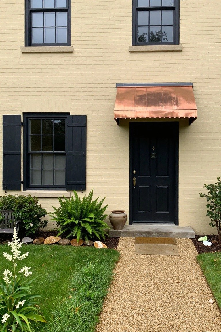 Beige brick house exterior with black-framed double-hung windows, black shutters, black front door under copper awning, potted fern and shrubs beside gravel entry path and green lawn.