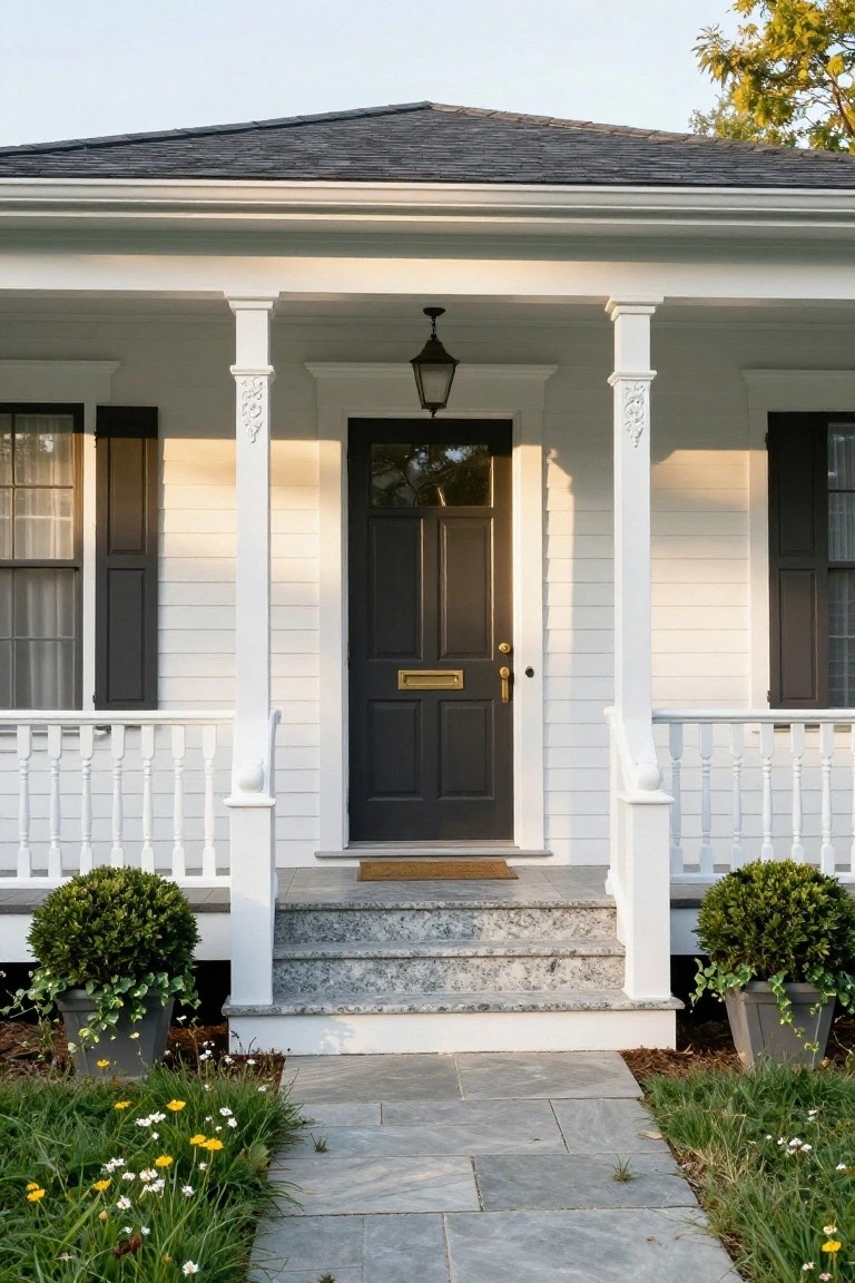 White clapboard colonial house with columned front porch, centered black wood front door with brass knocker and mail slot, black shutters on flanking windows, granite steps, boxwood topiaries in pots, and slate walkway edged by flower beds.