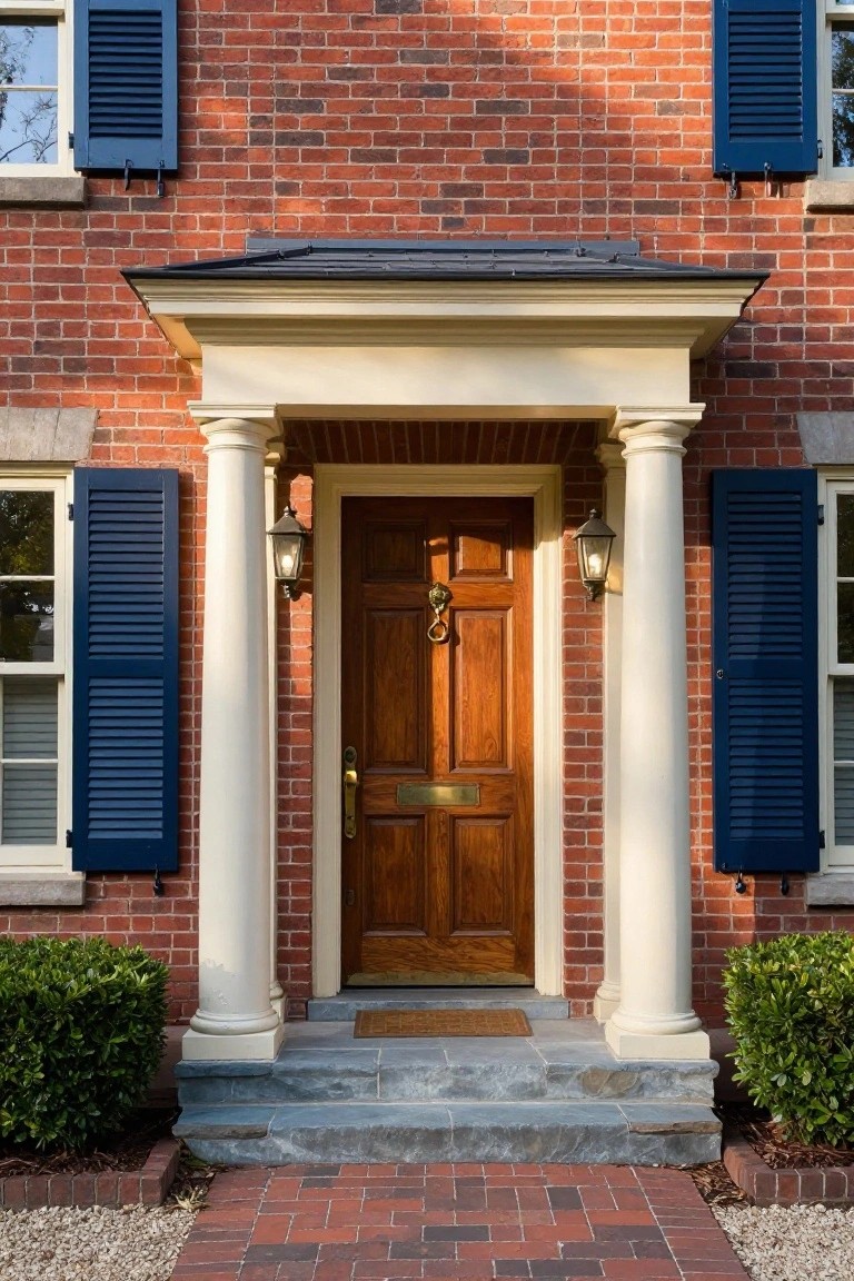 Red brick Colonial house facade centered on a wooden front door under a white pedimented portico supported by two fluted columns, with lanterns, brass knocker, blue shutters on flanking windows, brick path, and boxwoods.