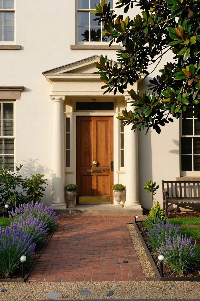 White colonial-style house facade featuring a cream-colored pedimented portico with fluted columns framing a dark wooden double front door, brick pathway lined with lavender bushes, potted plants, and a wooden bench nearby.