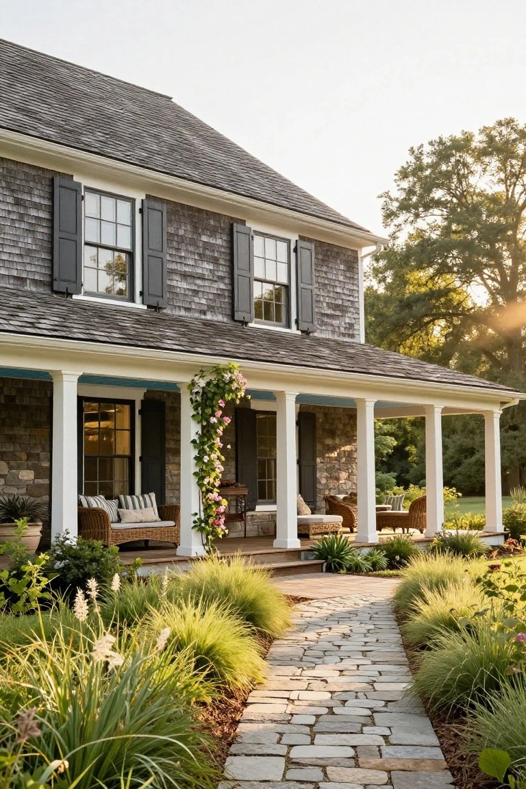 Colonial house exterior featuring gray shingle siding, stone foundation, white columned porch with wicker furniture and climbing pink flowers, blue ceiling underside, and stone pathway edged by ornamental grasses.