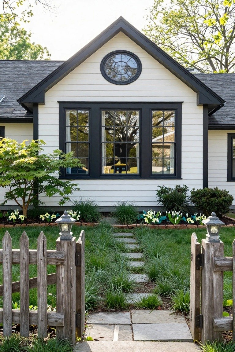 White clapboard Colonial house with black trim framing large triple windows and a round gable window, fronted by a wooden picket gate, stone path, garden bed with white flowers, and grassy yard.