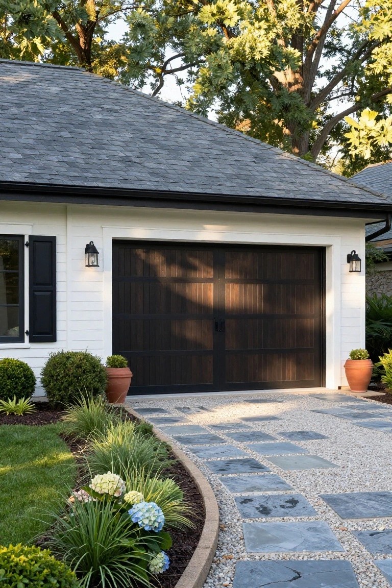 White-sided house exterior featuring a dark wood paneled garage door, black shutters on a nearby window, wall-mounted lanterns, and a pathway of irregular stone pavers in gravel bordered by landscaped beds with grasses, hydrangeas, boxwoods, and potted plants.